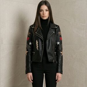 Studded Black Leather Moto Jacket with Star & Heart Appliqués